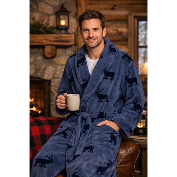 Croft & Barrow Mens Fleece Robe One Size Blue Moose Print Tie Belt Pockets Cozy - Picture 3 of 8